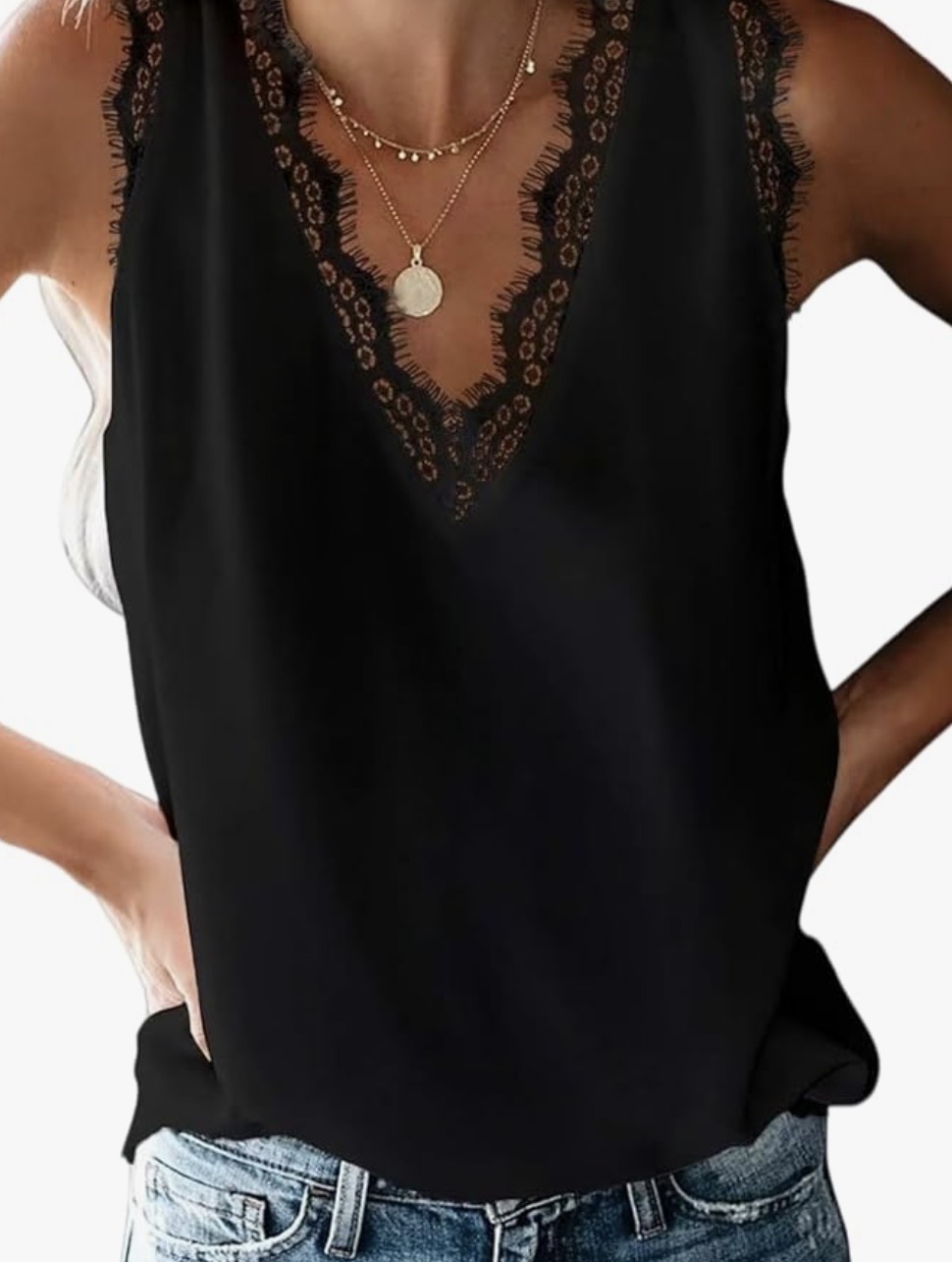 Black lace-trimmed camisole tank with scalloped edges