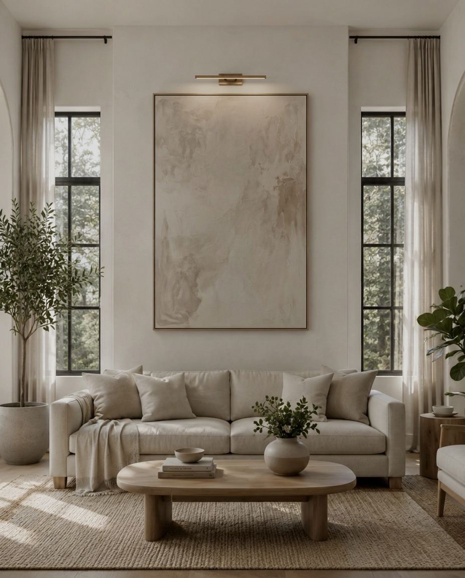 A quiet modern organic family room in soft morning light