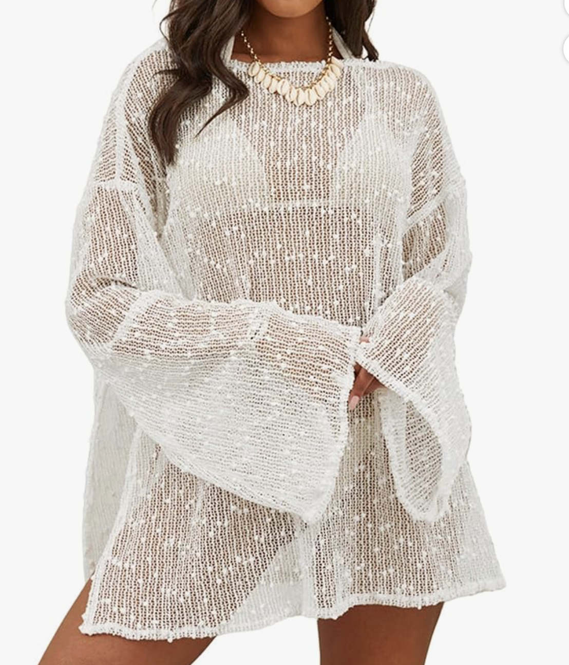 White crochet sheer kaftan with deep V neckline and fringe hem