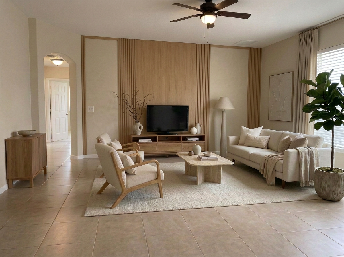 The identical builder-grade Florida living room working better with correctly scaled furniture, a larger rug, defined conversation zone, storage and clear circulation