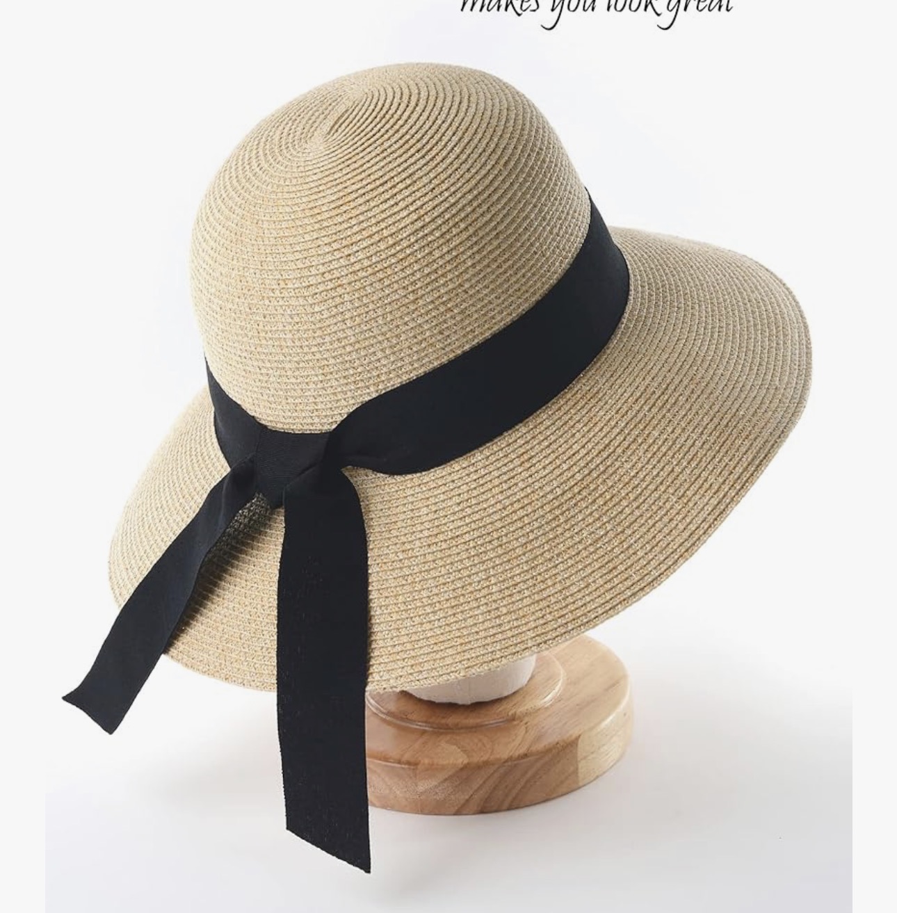 Wide-brim floppy straw sun hat with ribbon bow detail