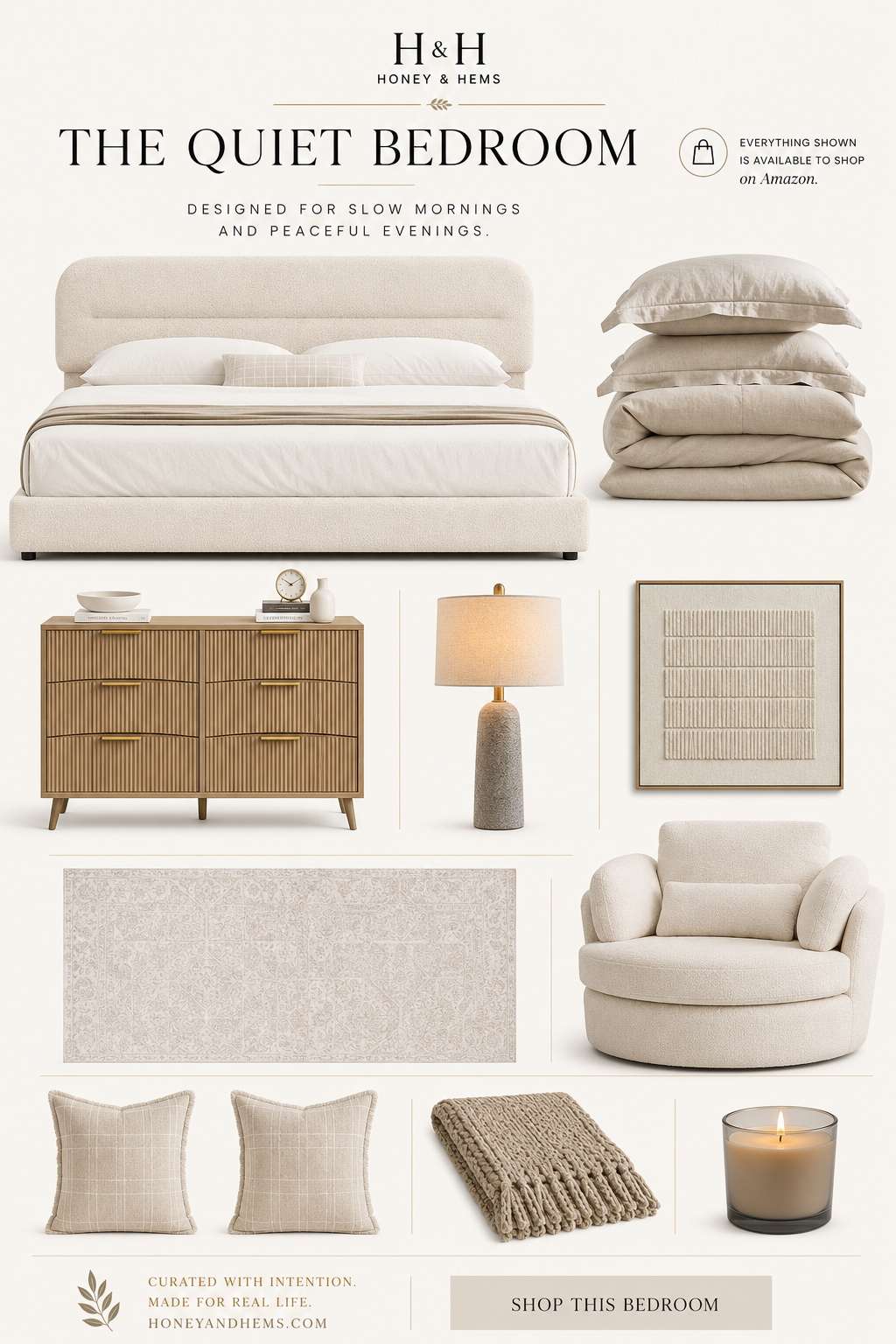 The Quiet Bedroom — Honey & Hems curated moodboard featuring the bouclé bed, washed linen bedding, fluted oak nightstand and dresser, plaster lamp, ivory accent chair, warm neutral rug, chunky throw, linen pillow covers, tonal wall art, and smoked oud candle