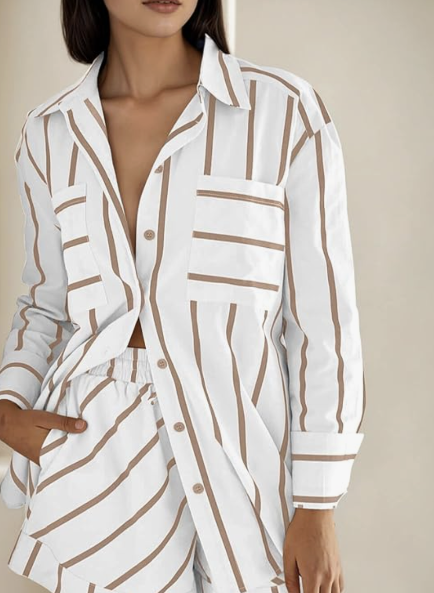 Striped linen lounge set with oversized button-down and shorts