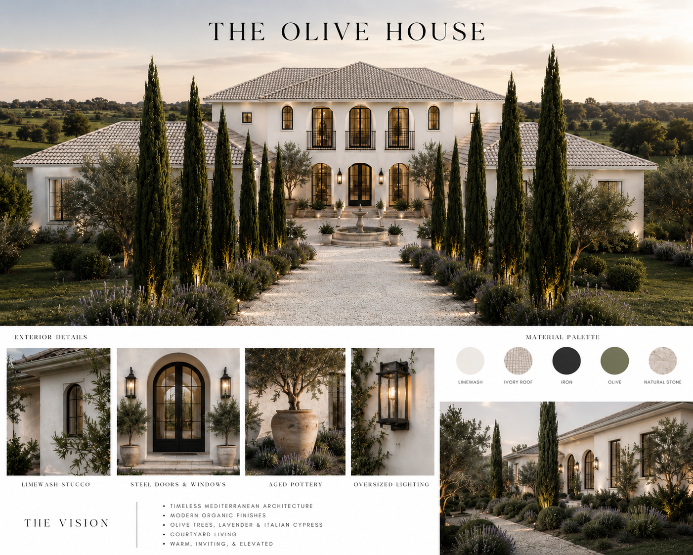 The Olive House — a Mediterranean villa framed by Italian cypress, olive trees, and lavender at golden hour