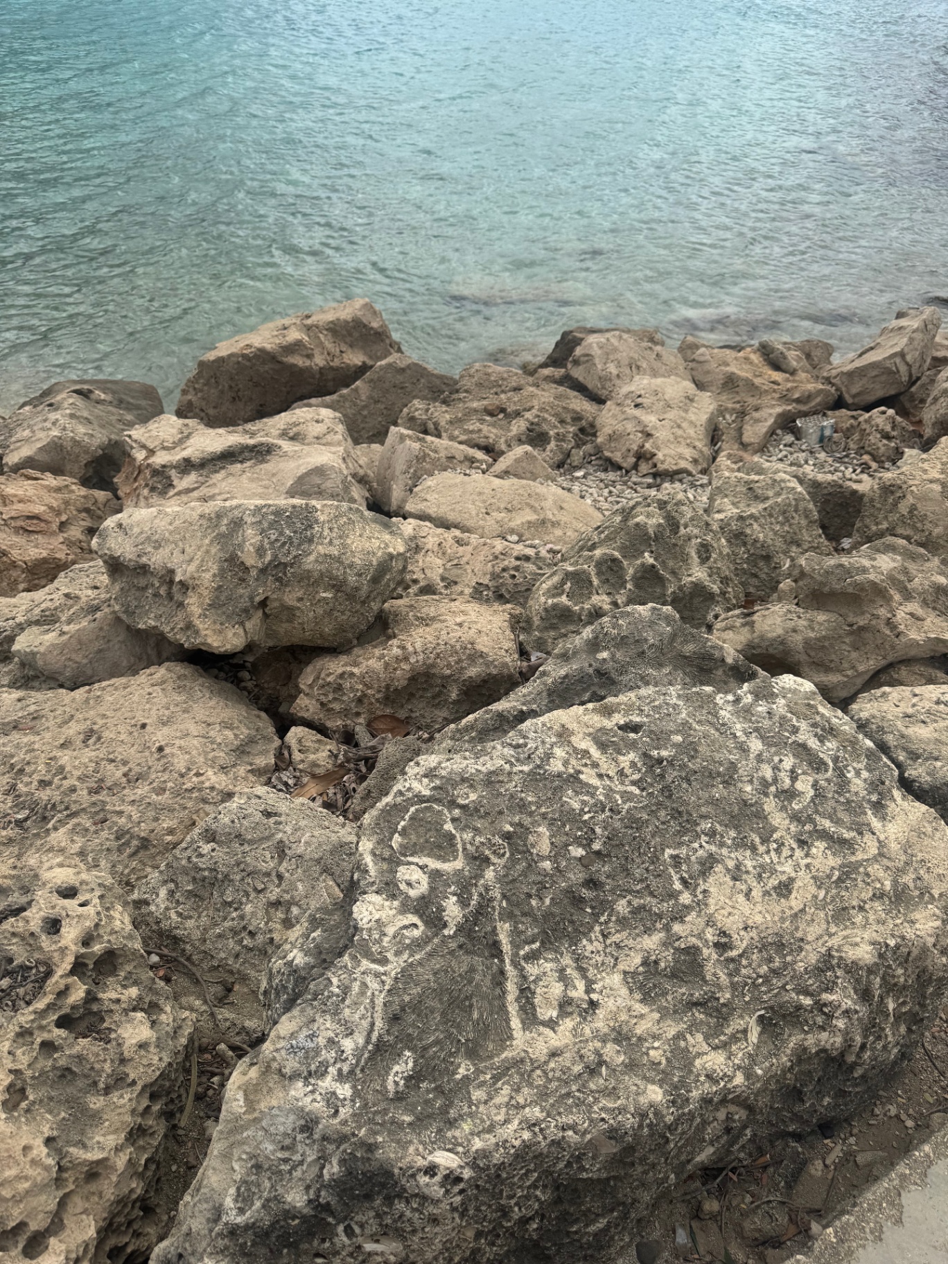 A quiet shoreline scattered with weathered stones and soft blue-green water