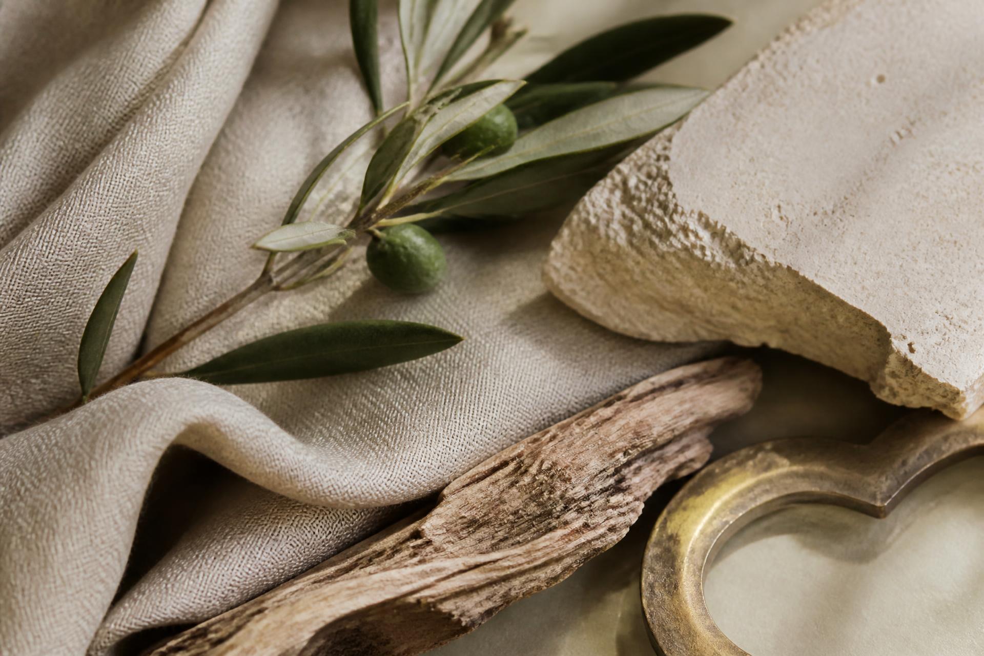 Linen, olive branch, limestone, driftwood, and aged brass
