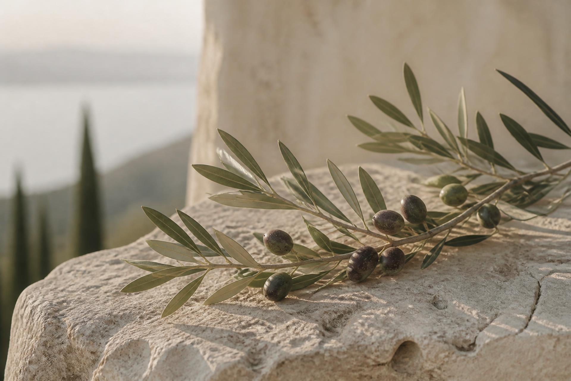An olive branch resting on weathered limestone