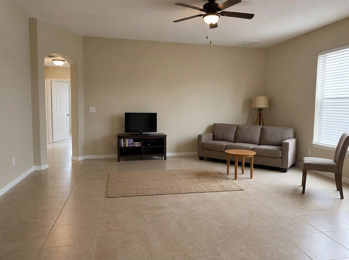 The same builder-grade Florida living room before reconfiguration, with furniture against the wall, an undersized rug and awkward circulation