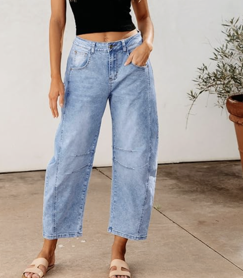 Relaxed light wash denim pants with wide-leg silhouette