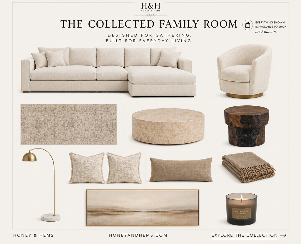 The Collected Family Room — Honey & Hems curated moodboard featuring the sectional, swivel chair, rug, travertine coffee table, smoked oak side table, floor lamp, pillow covers, lumbar, throw, oversized artwork, and ceramic pillar candle