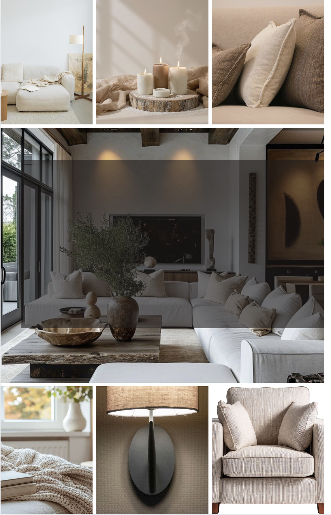 The Collected Family Room — modern organic collage of layered linen, sculptural wood, candlelight, and relaxed luxury seating