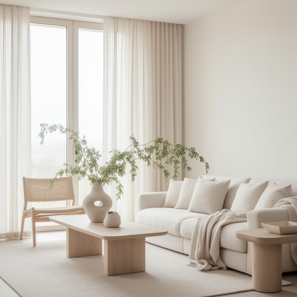 Serene modern organic living room with ivory linen, pale oak, and soft natural light