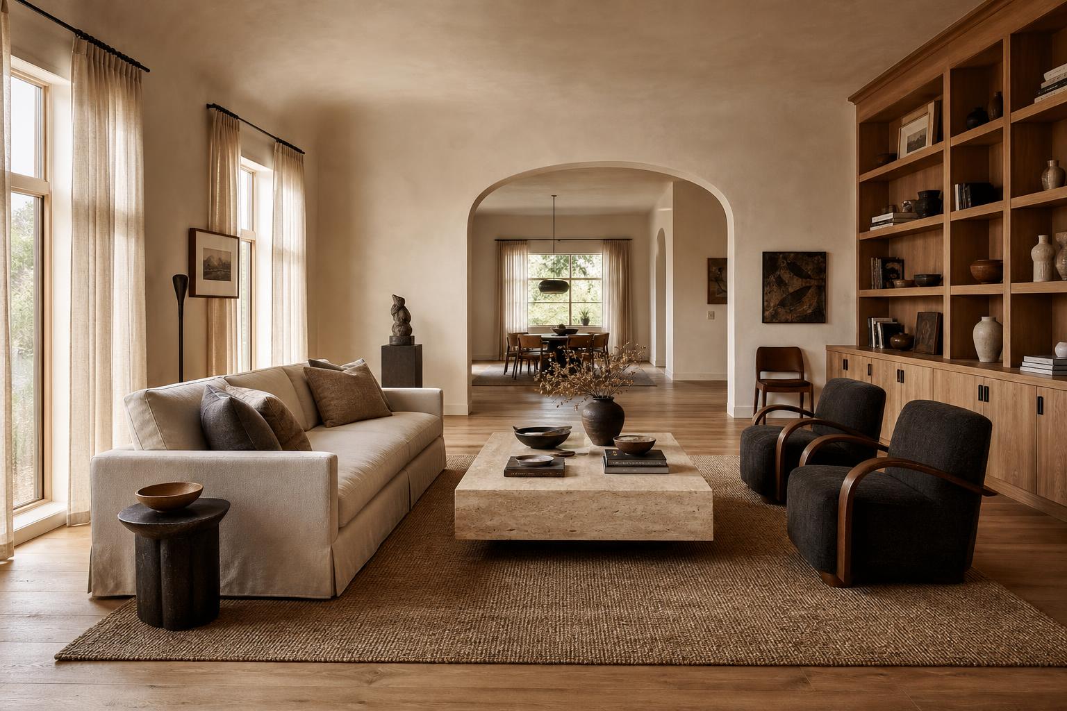 A functional modern organic living room with clear conversation zones, built-in oak storage, a travertine coffee table, and natural circulation paths in warm ivory and mushroom tones