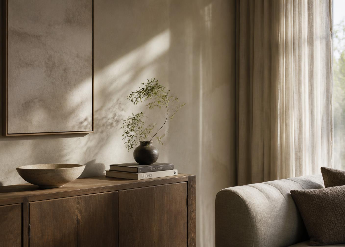 A quiet modern organic living room corner with limewash plaster, an oak console, travertine bowl, and linen drapery in morning light
