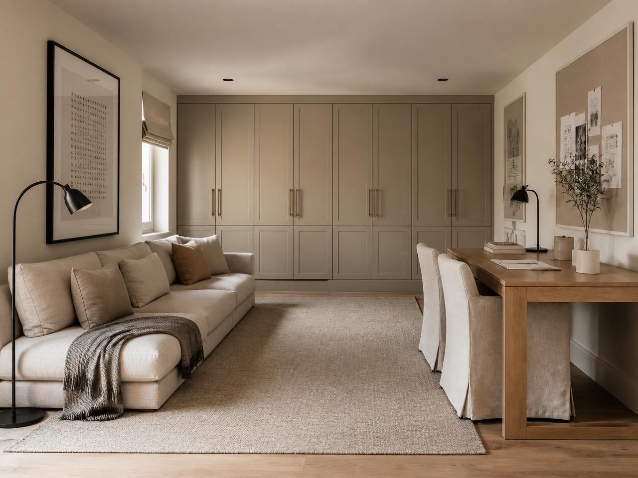 A bonus room with a linen lounge sofa, oak homework desk and a wall of concealed cabinet storage