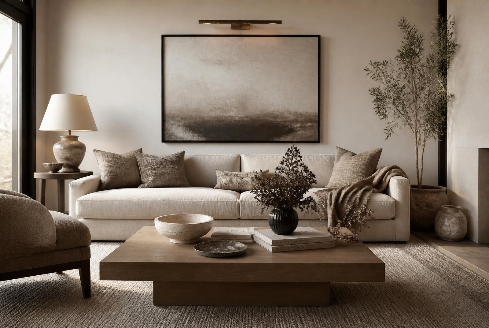 A finished modern organic living room with a Belgian linen sofa, oak coffee table, layered neutral textiles and a bronze picture light