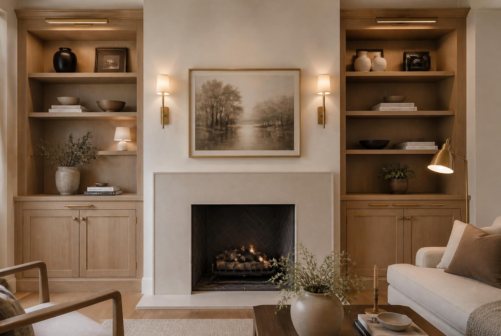 Newly built white oak cabinetry with concealed storage flanking a plaster fireplace, with integrated lighting and new oak flooring