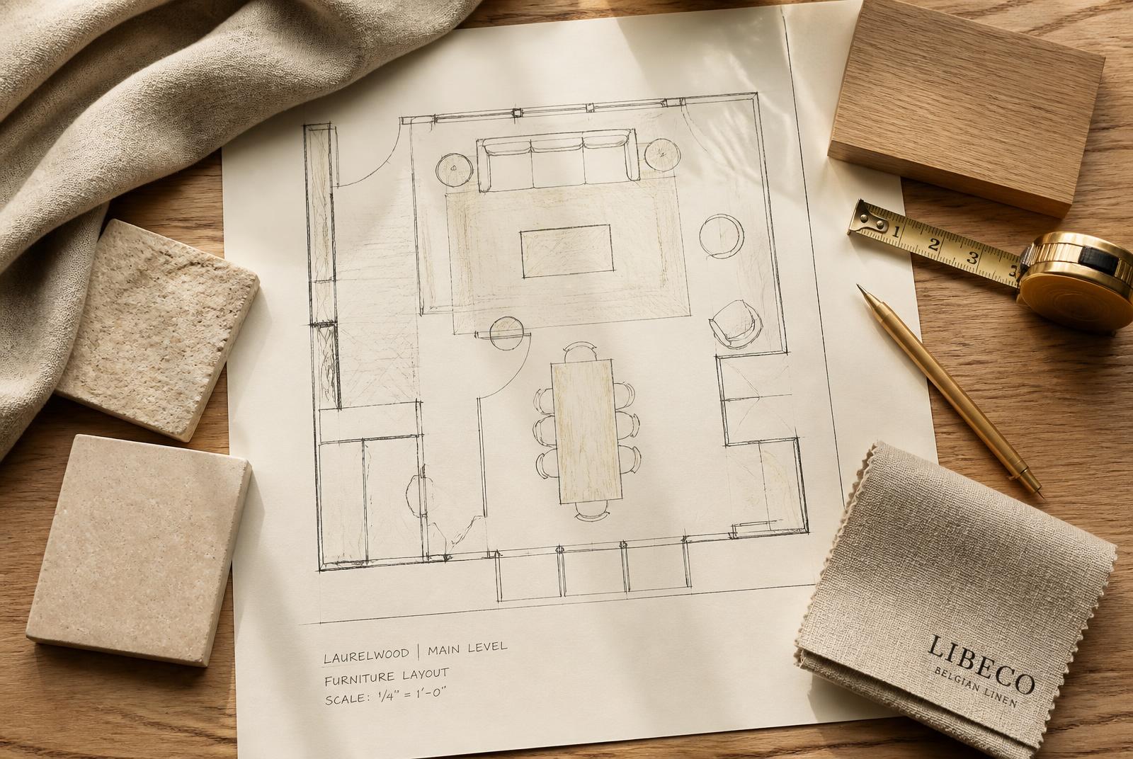 A hand-drawn furniture layout plan on ivory paper with linen, travertine and white oak material samples on a warm oak table