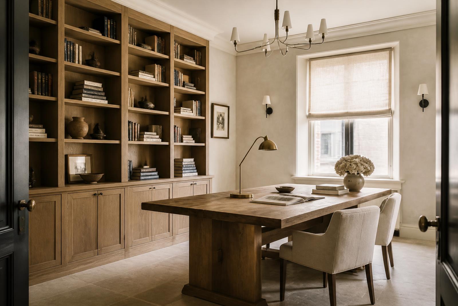A formal dining room reimagined as a library and work space with floor-to-ceiling white oak shelving and a long oak table