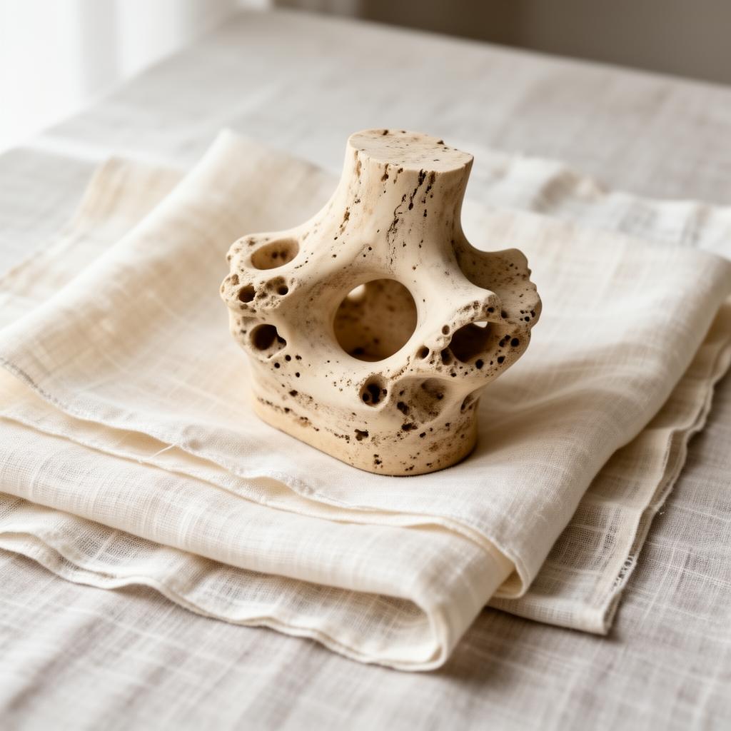 Honed travertine plinth side table styled with a sculptural vessel