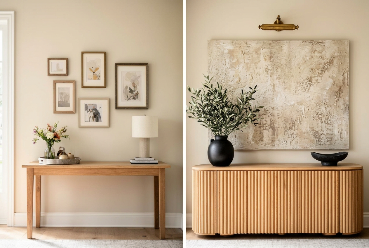 Before and after entryway transformation from traditional decor to calm modern organic Olive House style