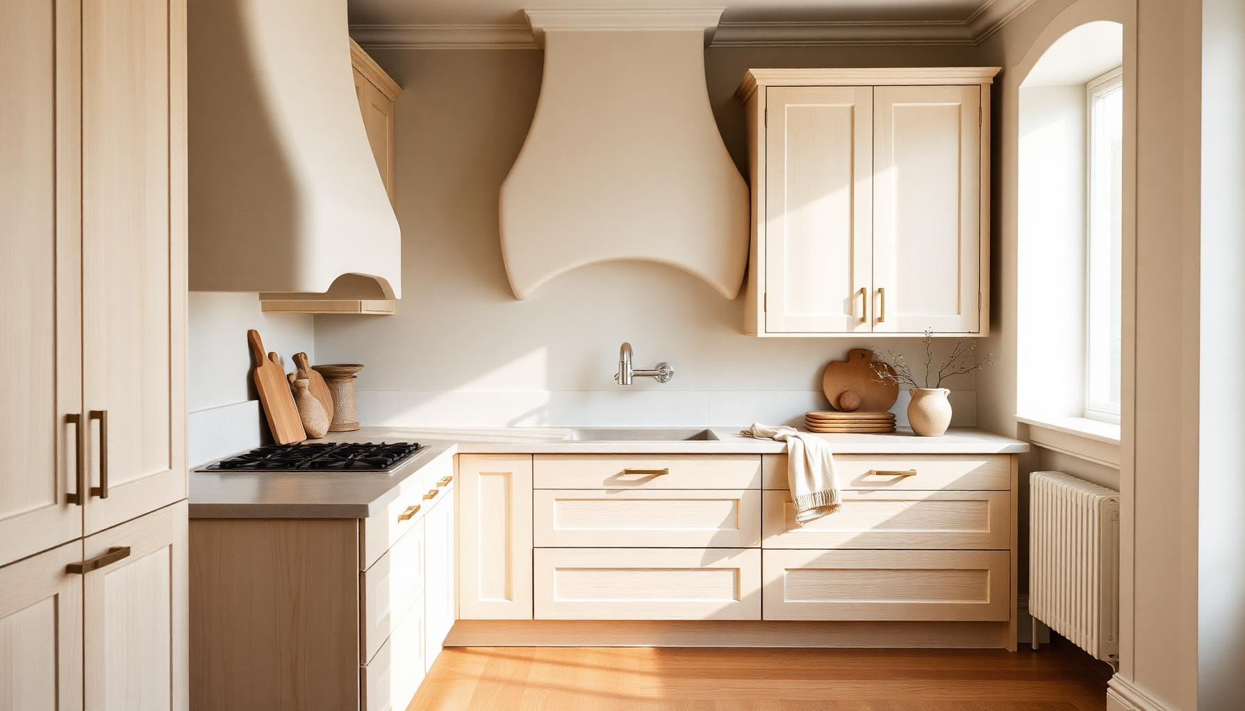 A modern organic kitchen with white oak cabinetry, a curved plaster range hood, natural stone counters, and warm morning light