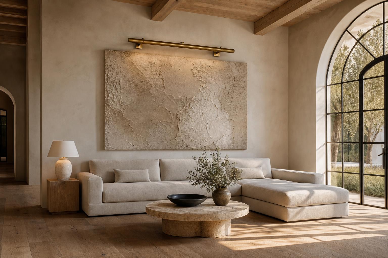 A modern organic living room with white oak, linen, stone, and natural light