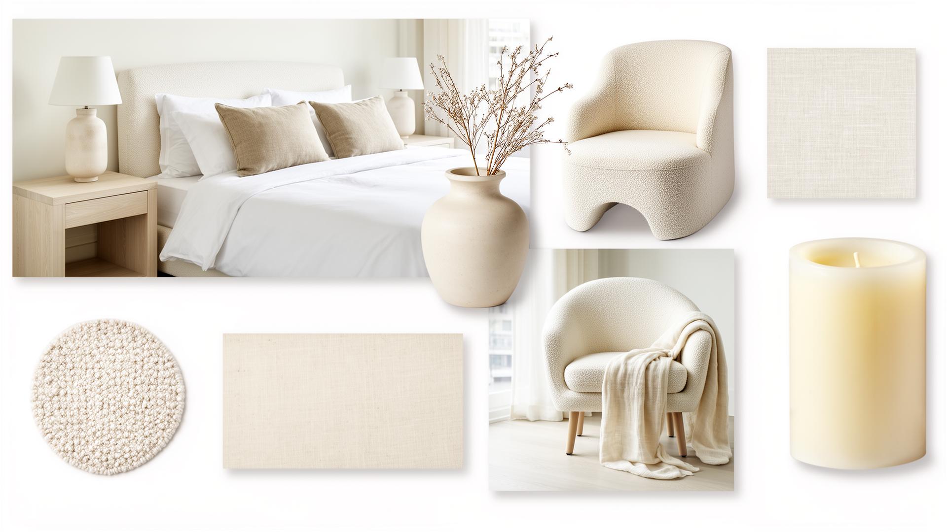 The Quiet Bedroom — modern organic mood board of soft texture, tonal layering, and sculptural warmth