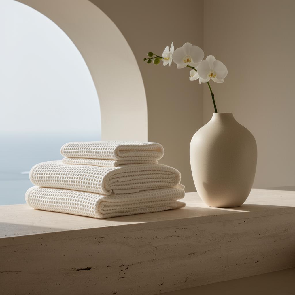 Folded ivory waffle linen spa towels stacked on a pale travertine ledge beside a sculptural cream stoneware vessel with a single white orchid stem, set in a soft arched alcove with cool morning light
