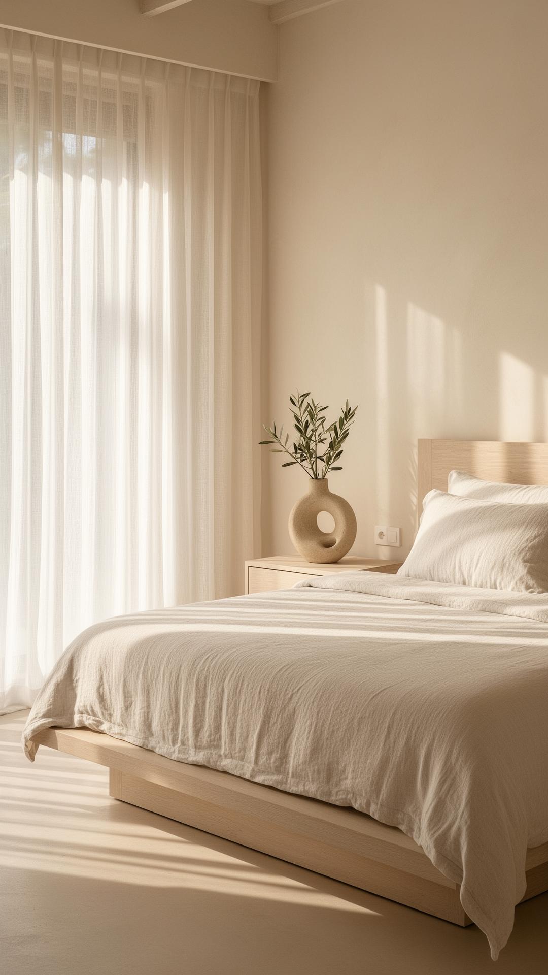 Airy resort bedding layered in ivory washed linen with a pale oak headboard and drifting sheer curtains