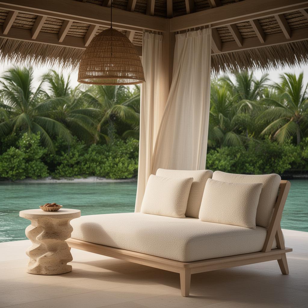 Cream bouclé lounge chair beside a sculptural pale stone side table with a soft woven rattan pendant overhead