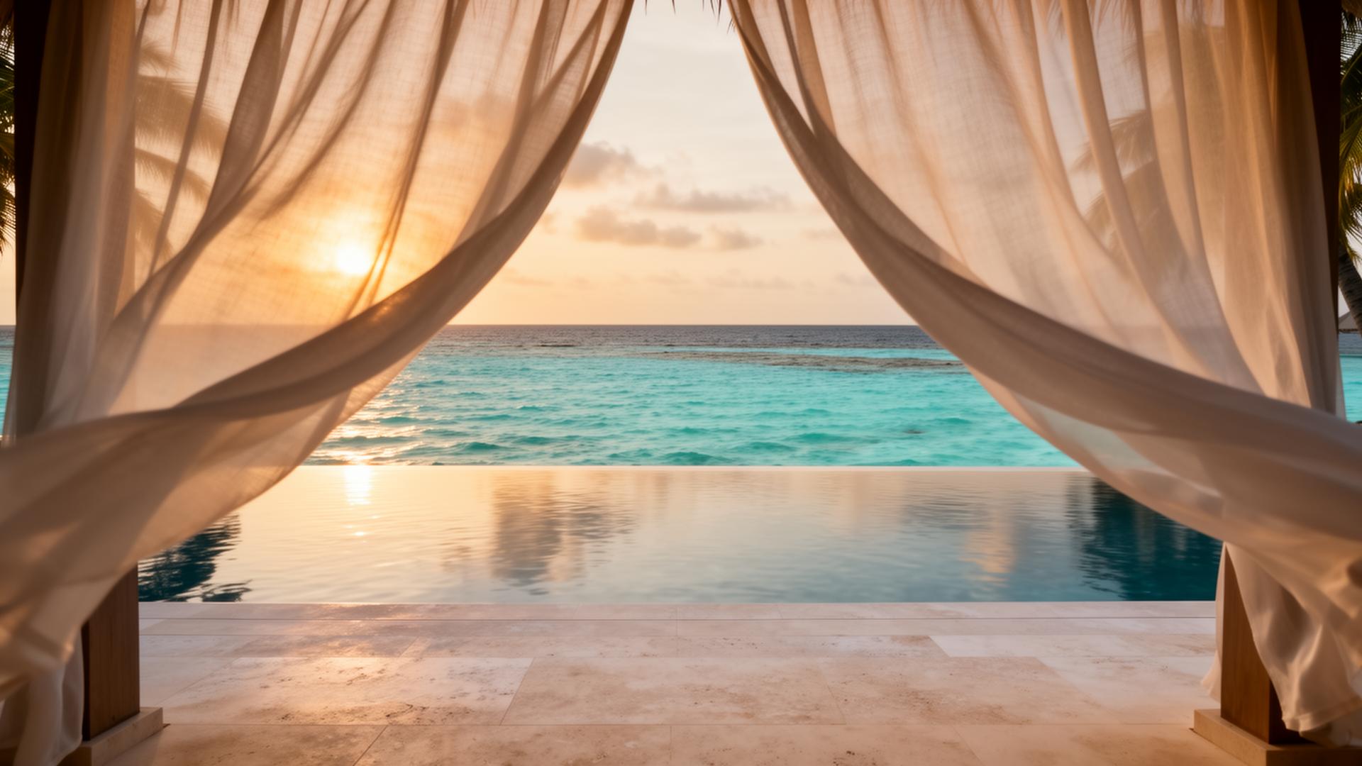Sheer ivory linen curtains framing a calm infinity pool meeting a soft ocean horizon