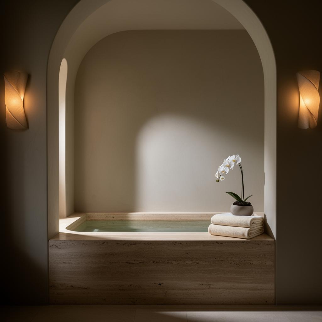 Honed ivory limestone soaking tub with folded creamy white linen towels and a single olive branch in a white vase